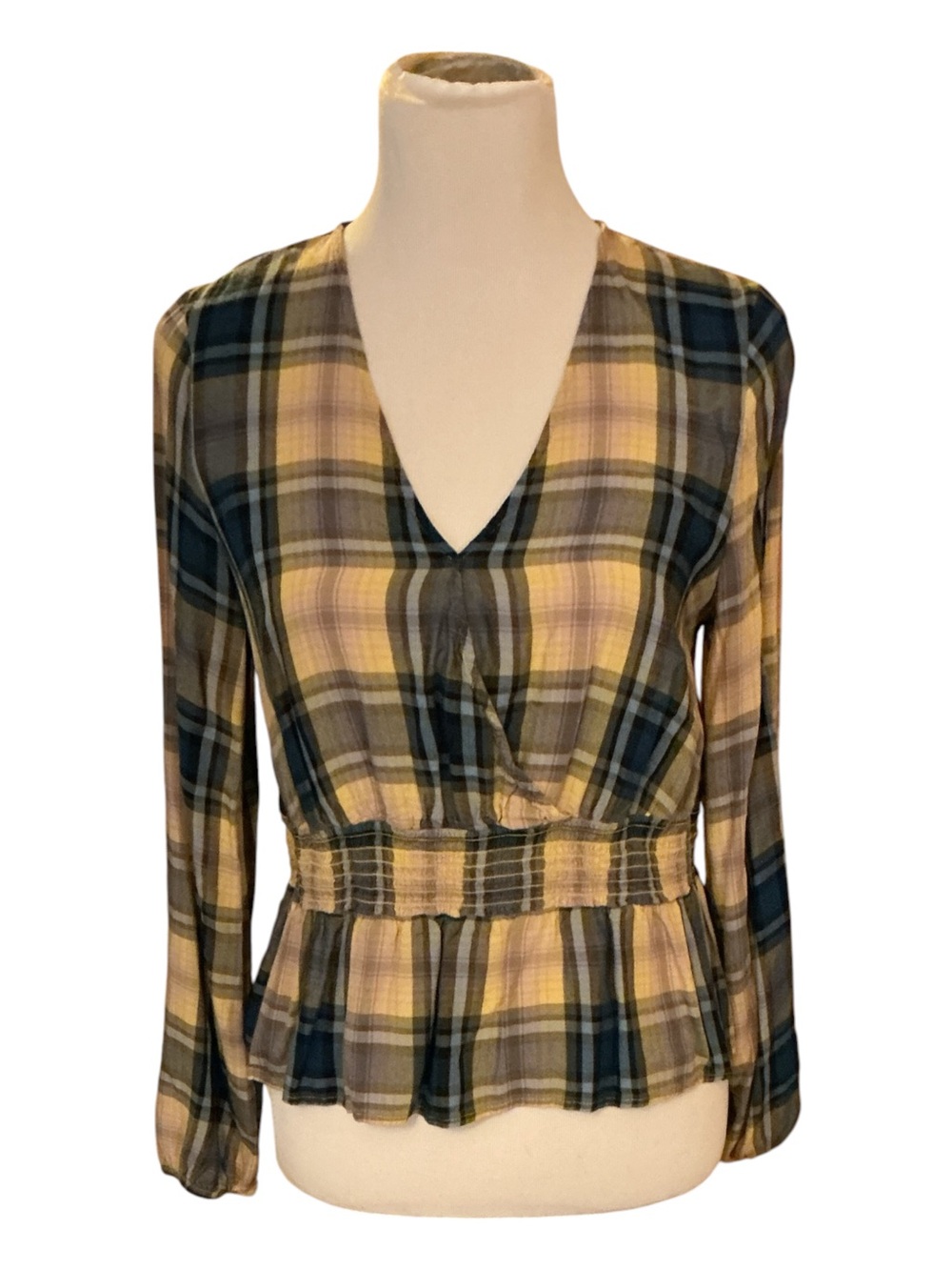 Express Yellow and Navy Plaid V-Neck Peplum Blouse